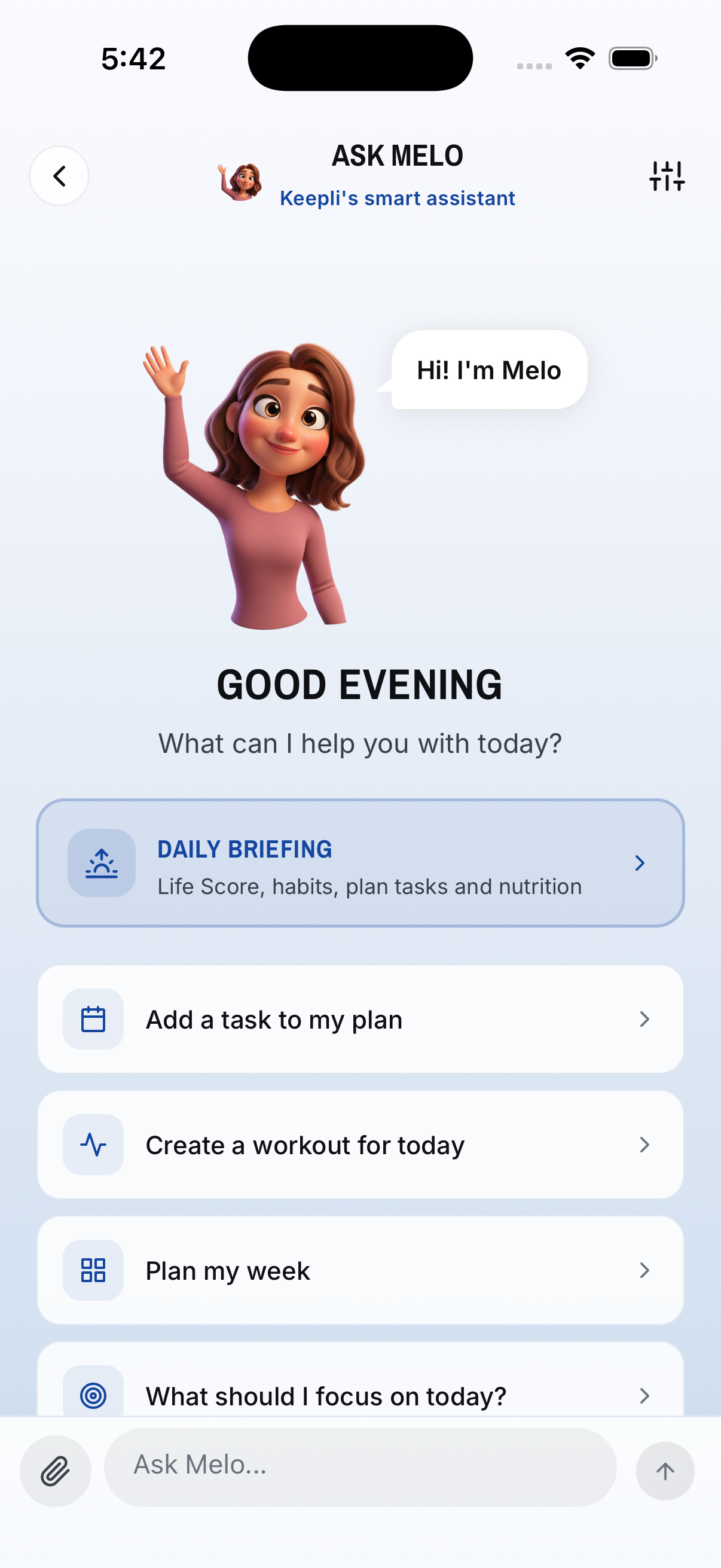 Ask Keepli — the Melo assistant offering a daily briefing and quick actions.