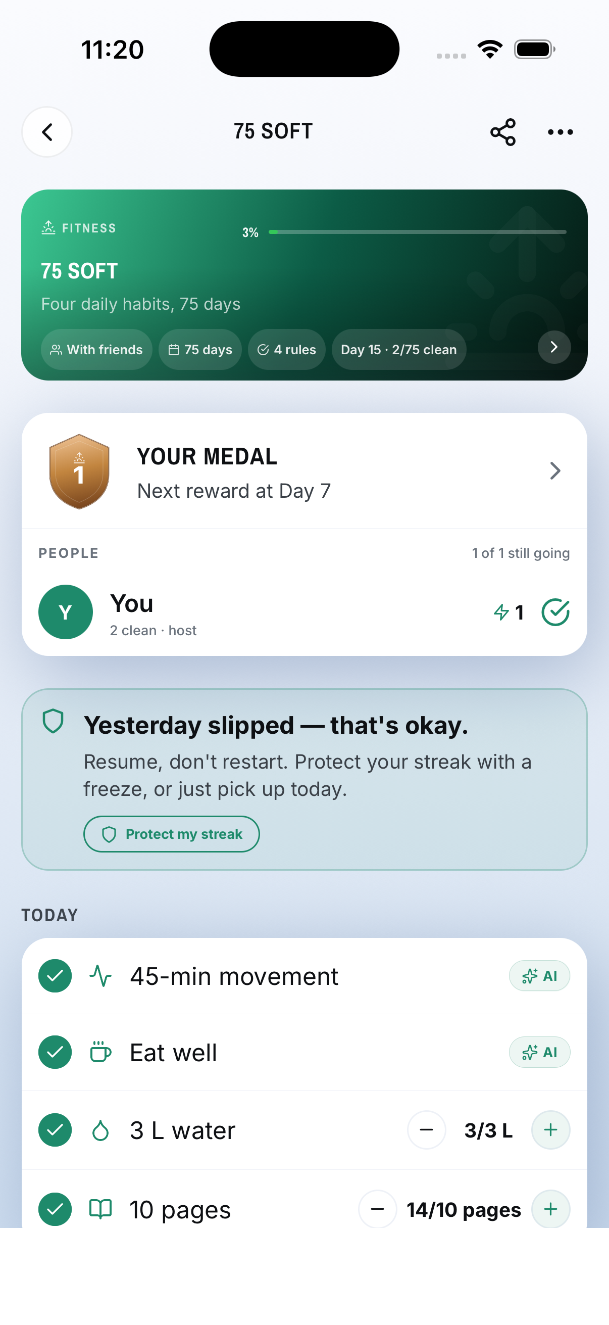 Keepli challenge medals — 75 Soft with streak protection and milestone badges.