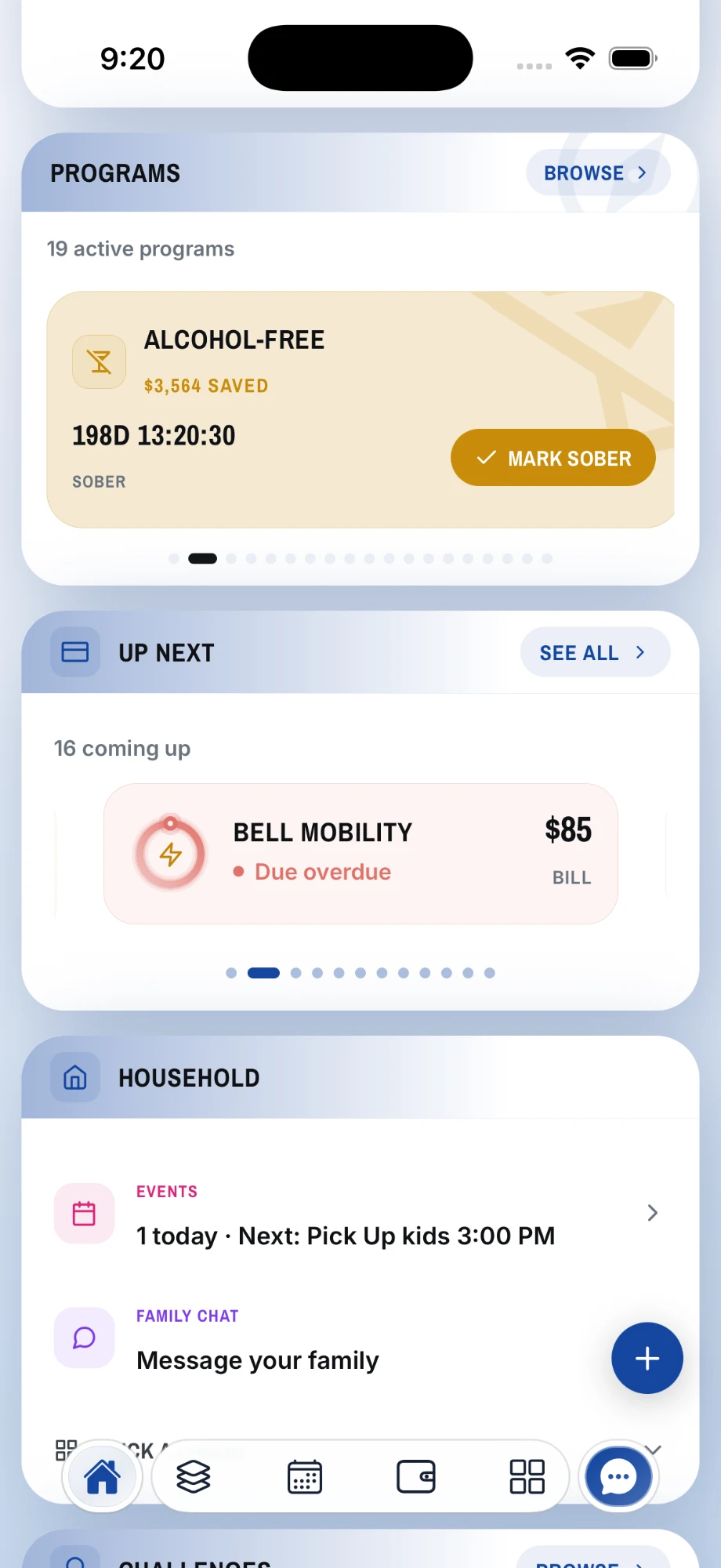 Keepli home showing active programs, up-next bills and the household hub together