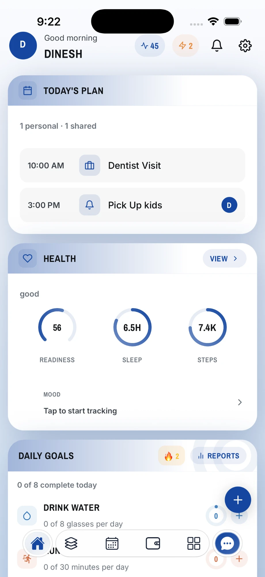 Keepli Today's Plan on iPhone showing today's schedule, health readiness and daily goals.