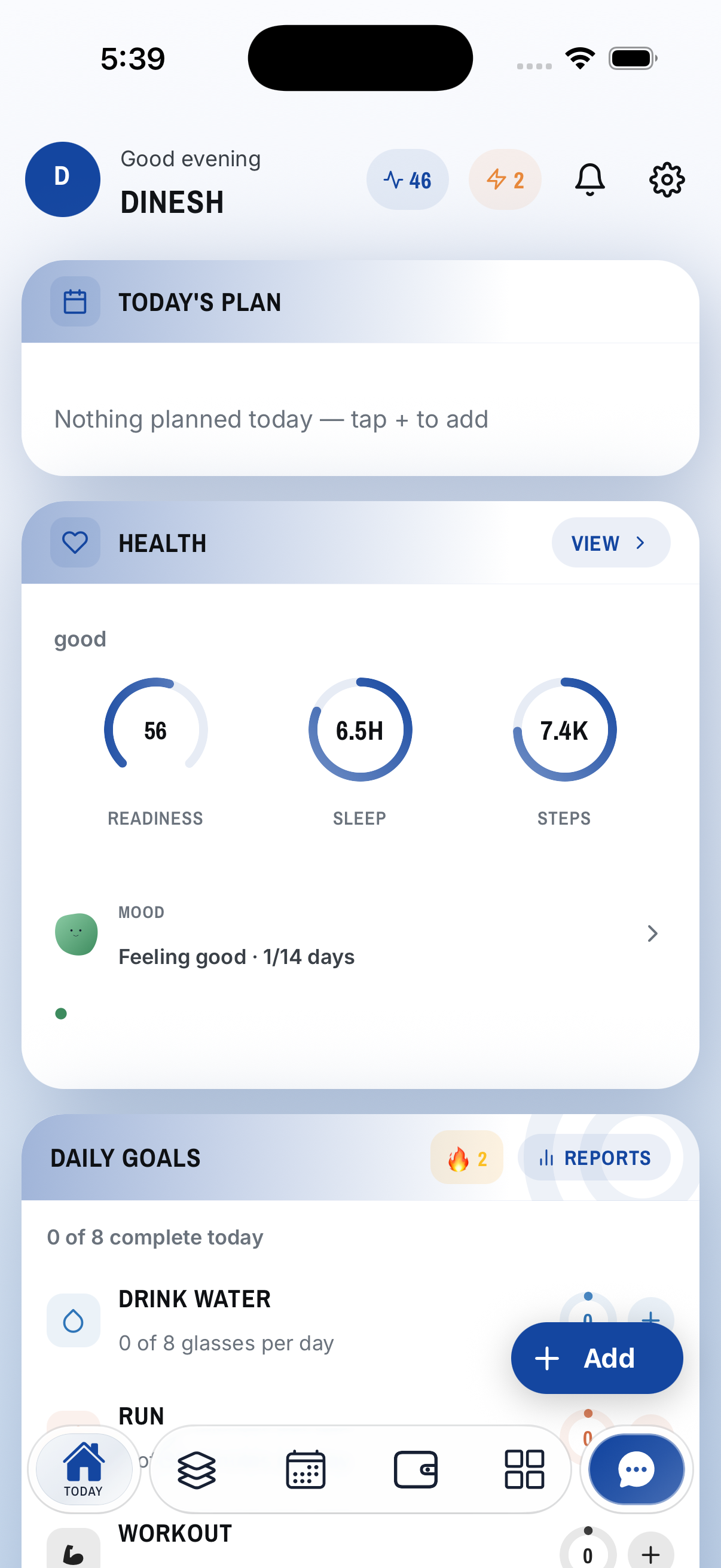 Keepli Today dashboard with the daily pulse and goals.
