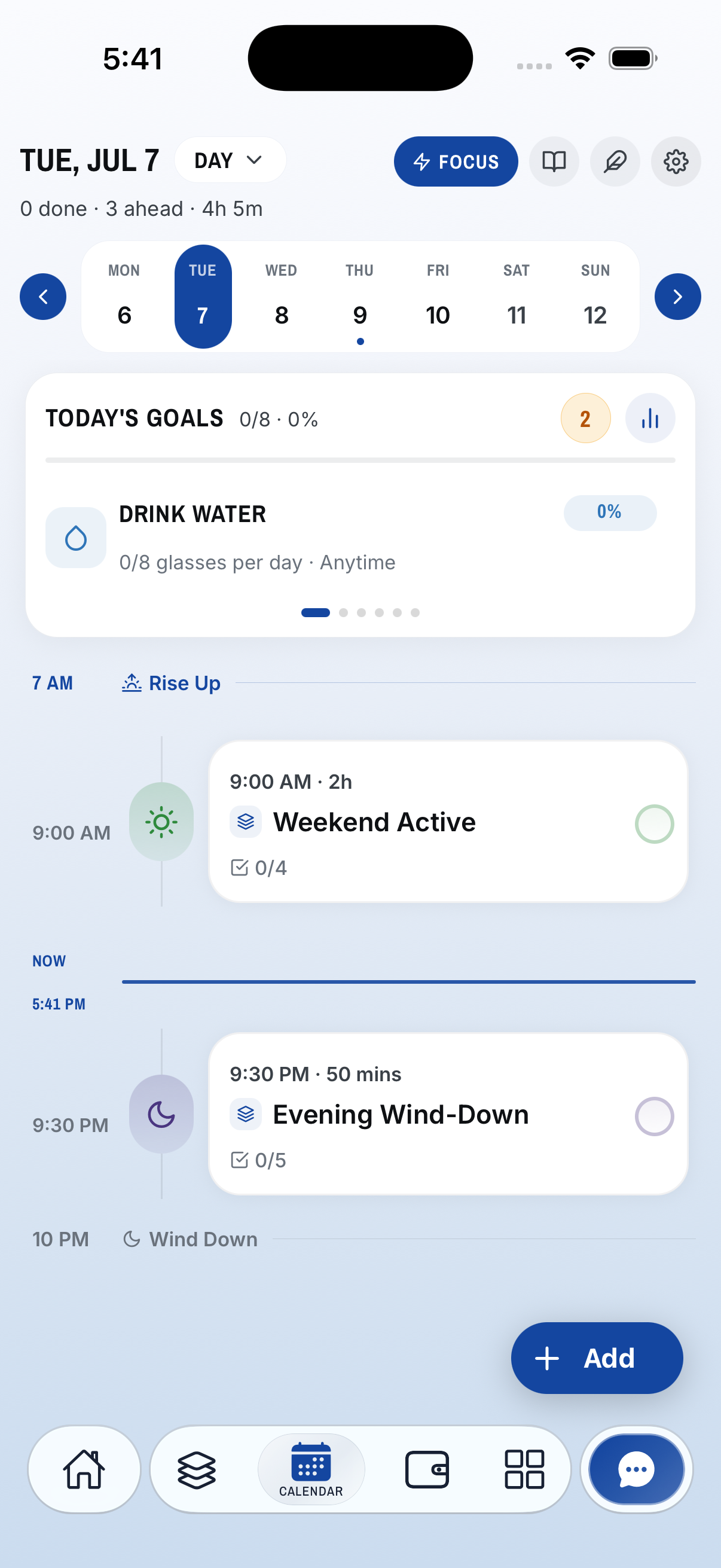 Keepli planner — a week strip and a timeline of routines and events.
