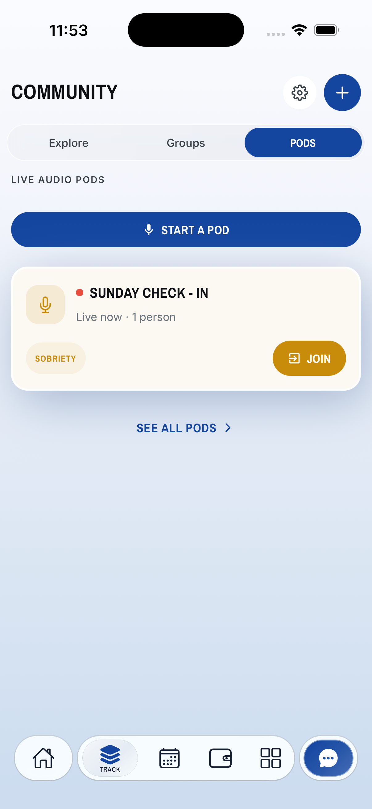 Keepli live audio Pods — drop-in voice rooms like a Sunday check-in.