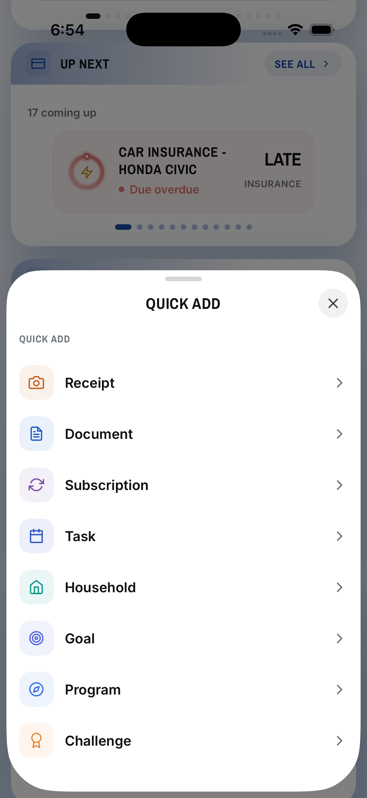 Keepli Quick Add sheet — add a receipt, document, subscription, task, household item, goal, program or challenge